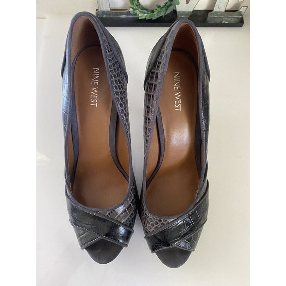 Nine West High Heels 3 Tone Faux Alligator Skin Open Toe 8.5 M Platform Sexy EUC - Picture 7 of 16